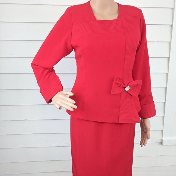 Red Suit Jacket Skirt Holiday Christmas Church 80s - Picture 6 of 9